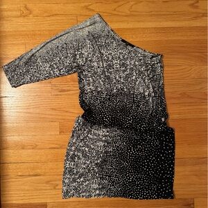 Tibi Womens One Shoulder 3/4 Sleeve Spotted Knit Shift Dress Black White Small